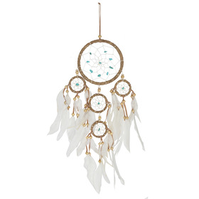 ##Medium Natural Coloured Cotton Dreamcatcher with Turquoise Wooden Beads and Feathers